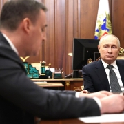 Minister of Agriculture Dmitry Patrushev meets with President Vladimir Putin 20 February 2024 concerning humanitarian shipments and relations on the African Continent