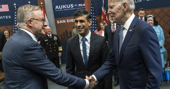 President Joe Biden greets British Prime Minister Rishi Sunak and Australian Prime Minister Anthony Albanese the AUKUS bilateral meeting in San Diego, Calif, March 13, 2023. (DoD photo by Chad J. McNeeley)