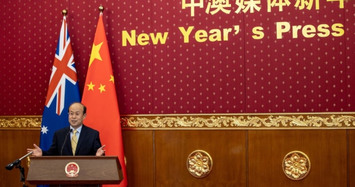 Chinese Ambassador to Australia Xiao Qian addresses the New Year's Press Gathering held by the Chinese embassy in Canberra, Australia, Jan. 10, 2023. TO GO WITH "China-Australia relations at critical stage of turnaround: Chinese ambassador" (Photo by Bai Xuefei/Xinhua via Getty Images)