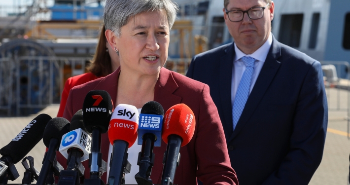 Minister for Foreign Affairs, Senator the Hon Penny Wong speaking during the AUKUS Nuclear Submarine announcement at Osborne Naval Shipyard in Adelaide. *** Local Caption *** Deputy Prime Minister and Minister for Defence The Hon Richard Marles MP and Premier of South Australia Peter Malinauskas signed a Cooperation Agreement, outlining the respective governments commitment to supporting the construction of Australias next-generation conventionally-armed, nuclear-powered submarines at Osborne Naval Shipyard in South Australia on Wednesday 15th of July 2023.