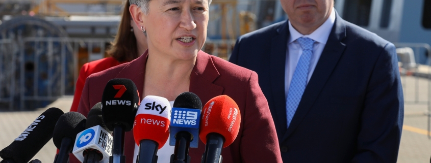 Minister for Foreign Affairs, Senator the Hon Penny Wong speaking during the AUKUS Nuclear Submarine announcement at Osborne Naval Shipyard in Adelaide. *** Local Caption *** Deputy Prime Minister and Minister for Defence The Hon Richard Marles MP and Premier of South Australia Peter Malinauskas signed a Cooperation Agreement, outlining the respective governments commitment to supporting the construction of Australias next-generation conventionally-armed, nuclear-powered submarines at Osborne Naval Shipyard in South Australia on Wednesday 15th of July 2023.