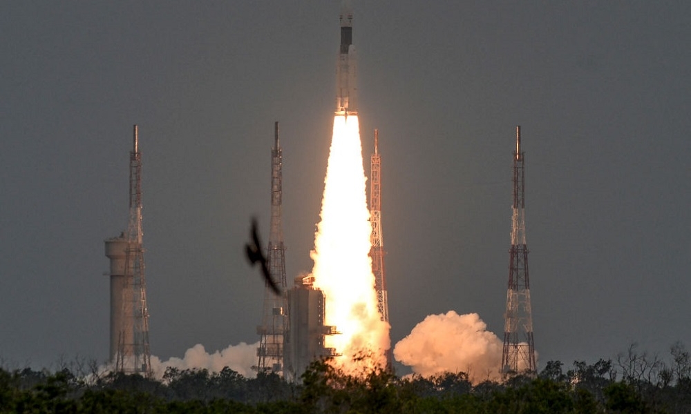 The Indian Space Research Organisation's (ISRO) Chandrayaan-2 (Moon Chariot 2), with on board the Geosynchronous Satellite Launch Vehicle (GSLV-mark III-M1), launches at the Satish Dhawan Space Centre in Sriharikota, an island off the coast of southern Andhra Pradesh state, on July 22, 2019. India launched a bid to become a leading space power on July 22, sending up a rocket to put a craft on the surface of the Moon in what it called a "historic day" for the nation. (Photo by ARUN SANKAR / AFP) (Photo by ARUN SANKAR/AFP via Getty Images)