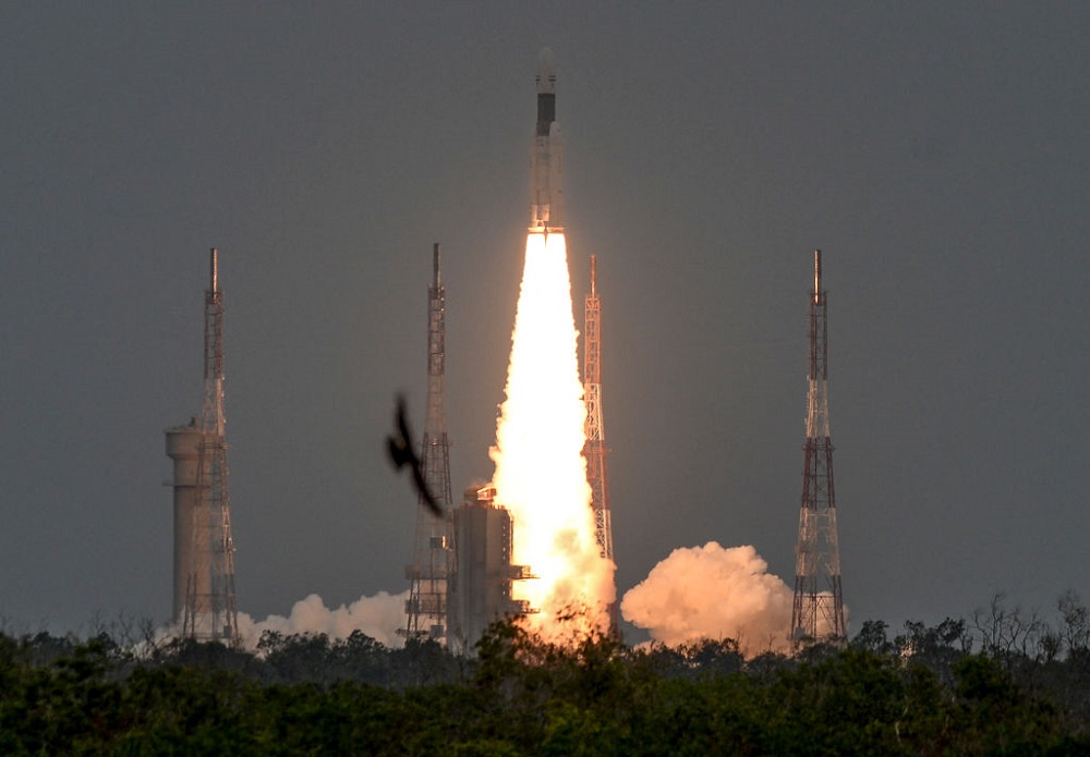 The Indian Space Research Organisation's (ISRO) Chandrayaan-2 (Moon Chariot 2), with on board the Geosynchronous Satellite Launch Vehicle (GSLV-mark III-M1), launches at the Satish Dhawan Space Centre in Sriharikota, an island off the coast of southern Andhra Pradesh state, on July 22, 2019. India launched a bid to become a leading space power on July 22, sending up a rocket to put a craft on the surface of the Moon in what it called a "historic day" for the nation. (Photo by ARUN SANKAR / AFP) (Photo by ARUN SANKAR/AFP via Getty Images)