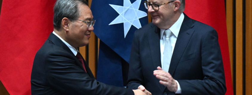 Image shows China’s Premier Li Qiang and Australia’s Prime Minister Anthony Albanese during a signing ceremony at Parliament House in Canberra. Photo: Lukas Coch/Getty Images