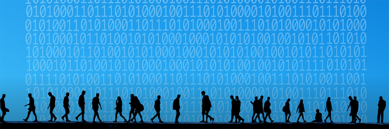 Conceptual white clouds and large group of silhouetted people with binary code of one and zero over blue sky: iStockphoto/imagedepotpro.