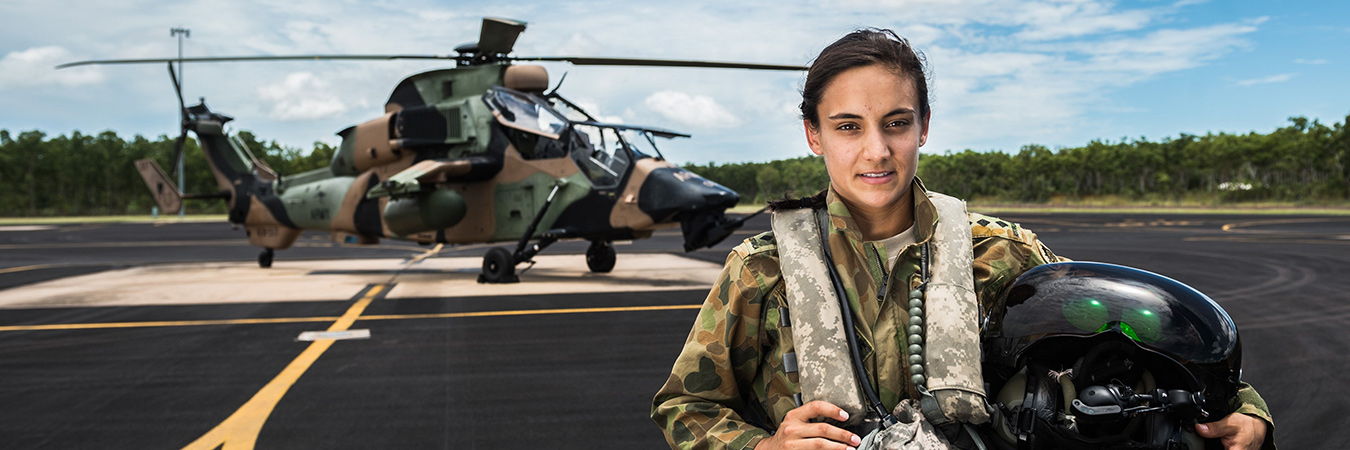 Australian Army pilot Captain Melissa Polkinghorne, who flies one of the Army’s new Eurocopter Tiger armed reconnaissance helicopter at 1st Aviation Regiment, stands in front of one of the regiment’s Tiger helicopters at Robertson Barracks, Darwin, on 1 April 2016. Photo courtesy Department of Defence