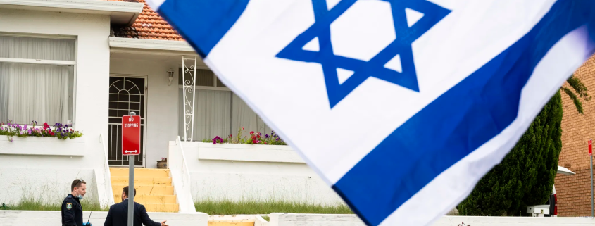 The flag of Israel, raised in solidarity with Jewish Australians, billows in front of a house in the Sydney suburb of Maroubra, which was vandalised with antisemitic graffiti on Thursday.