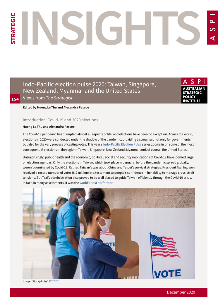 Indo-Pacific election pulse 2020: Taiwan, Singapore, New Zealand, Myanmar and the United States: Views from The Strategist - cover thumbnail
