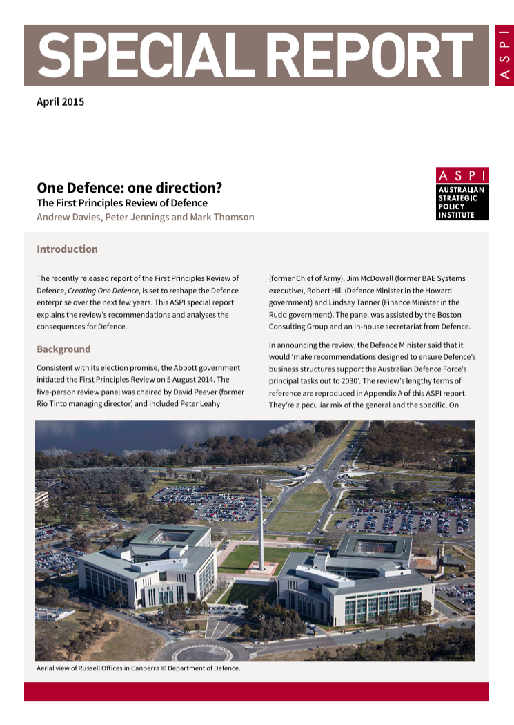 One Defence: one direction? The First Principles Review of Defence - ASPI